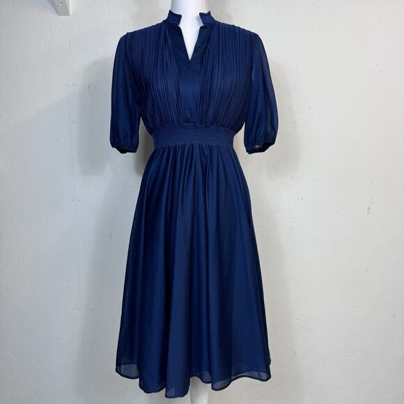 Vintage Flowy Dress Blue Romantic Girly Size 8 Shirred Waist Feminine Pleated - Picture 1 of 11